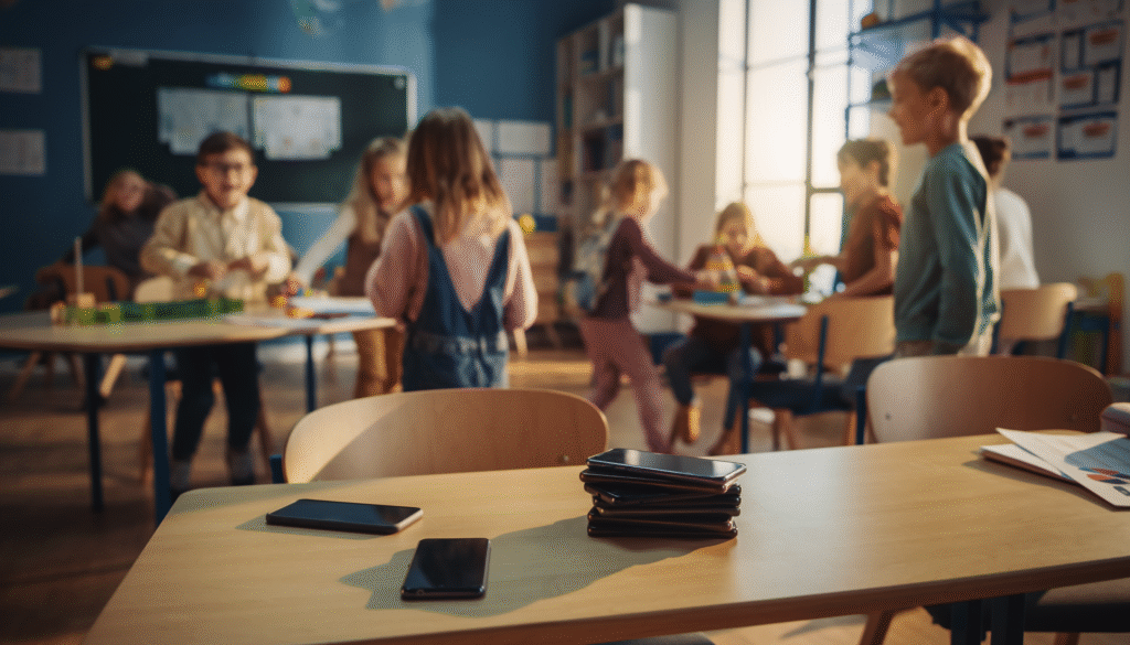 Un einem modernen Klassenzimmer toben Kinder umher. Ihre smartphones liegen auf einem Pult. (KI: Adobe Firefly)